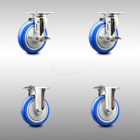 Service Caster 5 Inch 316SS Blue Polyurethane Swivel Top Plate Caster Brake 2 Rigid SCC, 2PK SCC-SS31620S514-PPUB-BLUE-TLB-2-R-2